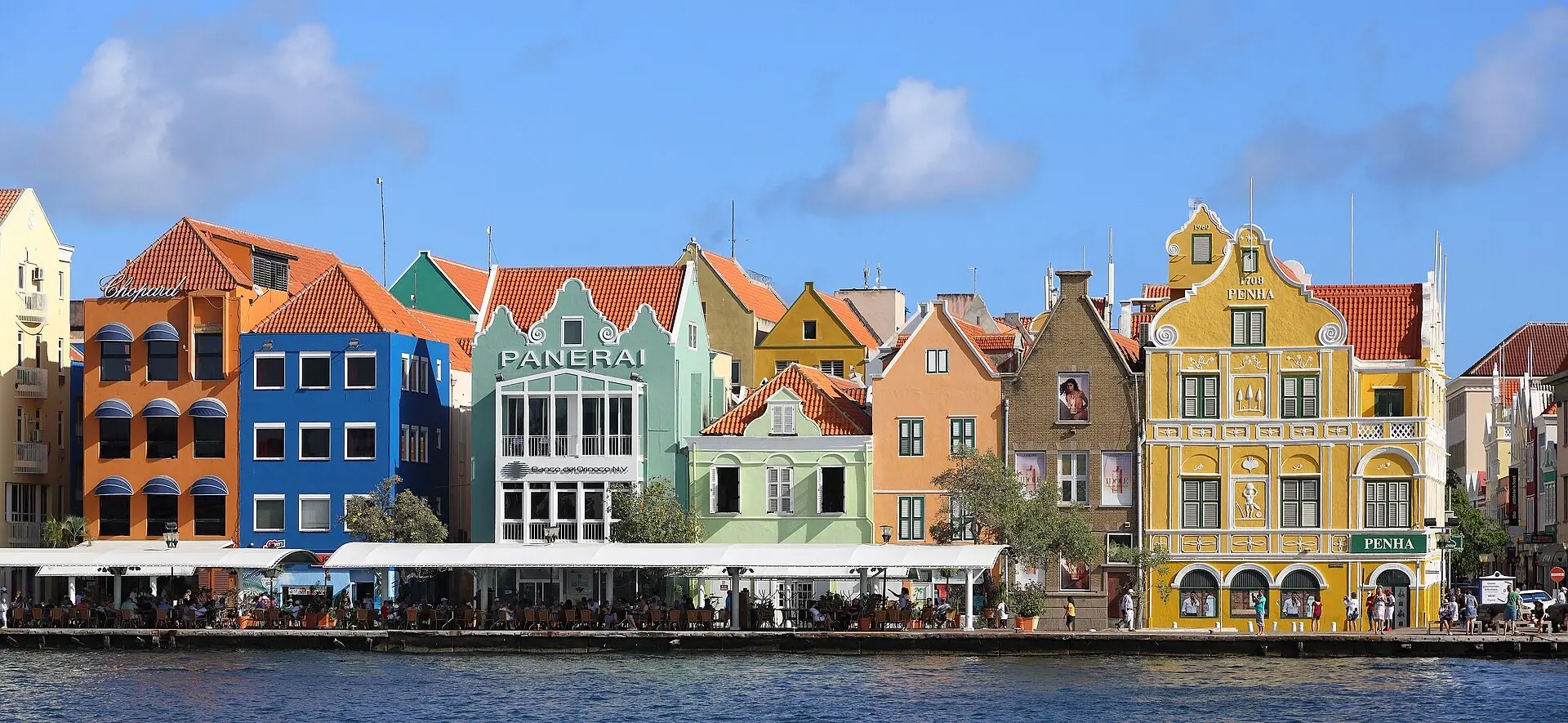 The painted Dutch facades of the Handelskade waterfront in Willemstad, Curaçao